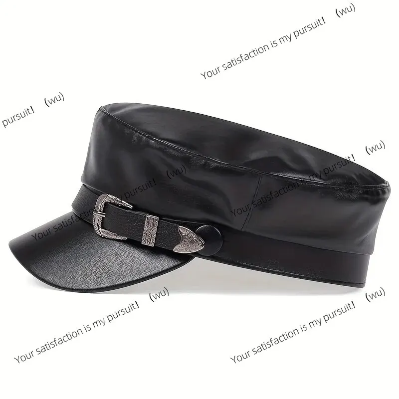 Fashion Women's Large Belt Buckle Leather Hat Spring and Autumn Sailor Black Women's Beret Men's Flat Top Captain