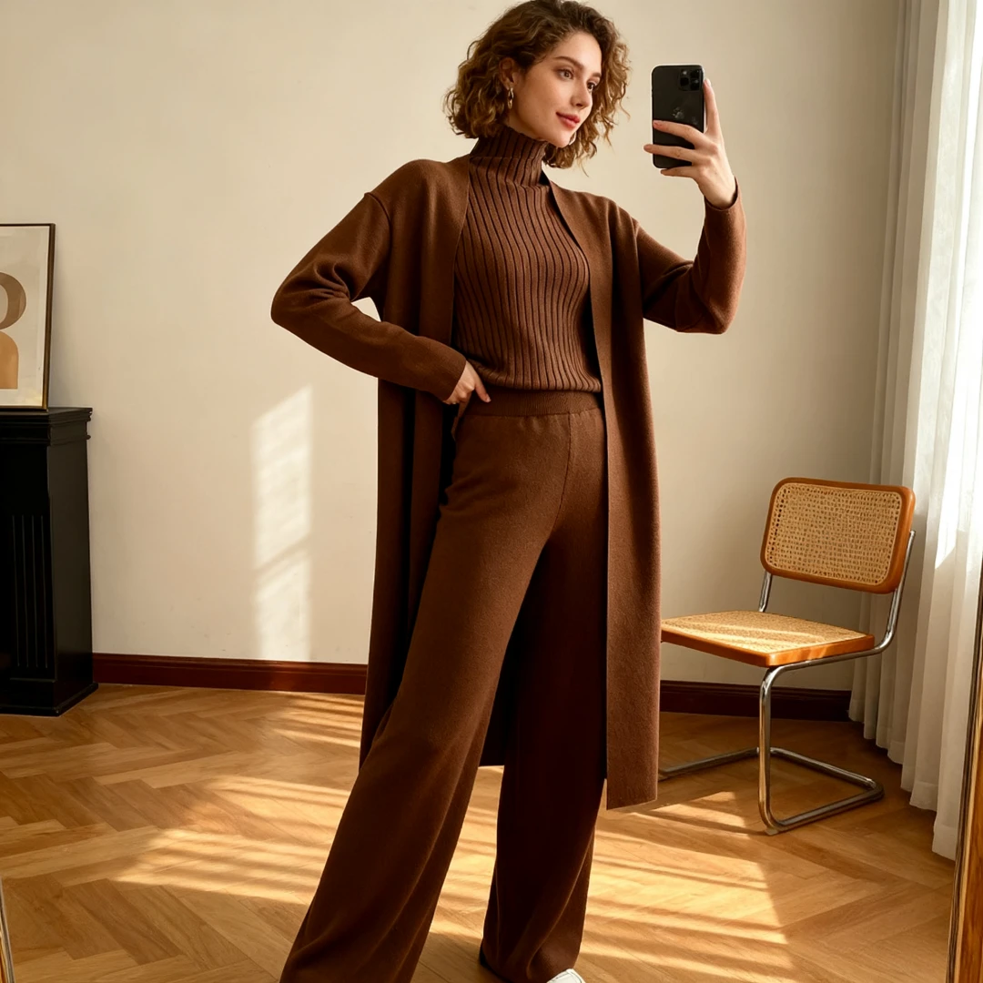 

Женские комплекты брюк из трех предметов, вязаные жилеты, водолазка, жилет, однотонный джемпер, длинный кардиган, свитера, брюки с эластичной резинкой на талии, костюм, повседневный осенний