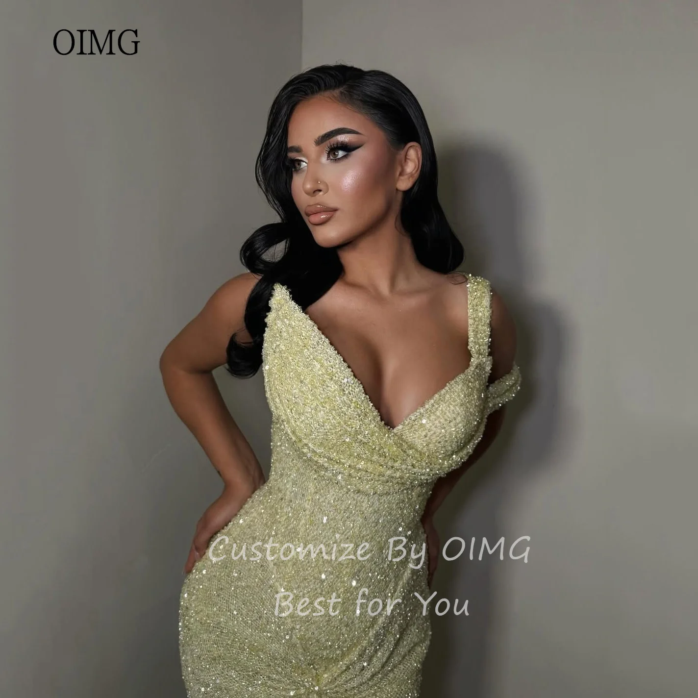 OIMG Shiny Elegant Mermaid Prom Gowns Yellow One Shoulder Party Gown Floor Length Evening Dress فساتين سهرة Customized image 3