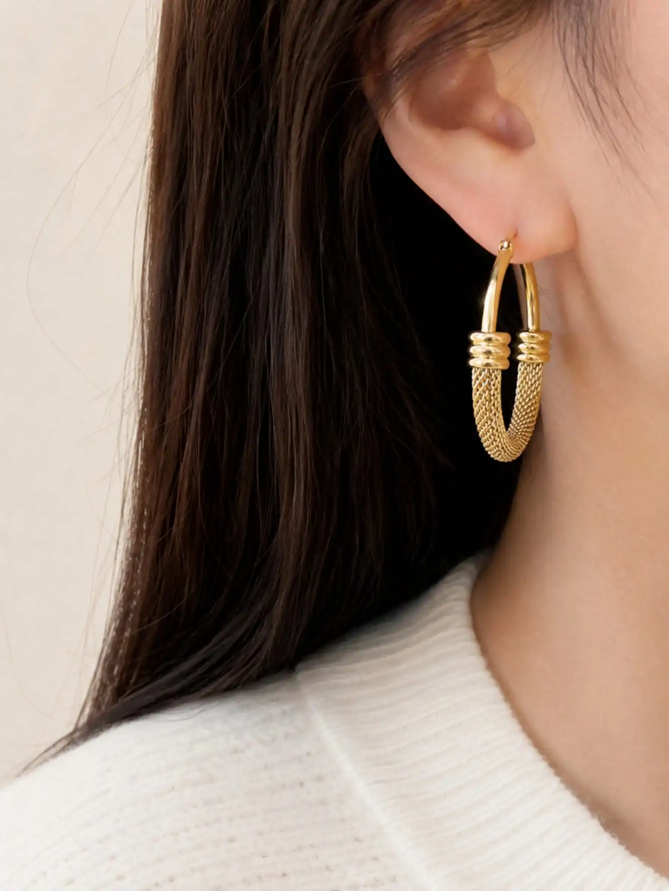 Stainless Steel Mesh Hoop Earrings for Women, Textured Circle Gold Silver Tone Fashion Ear Jewelry