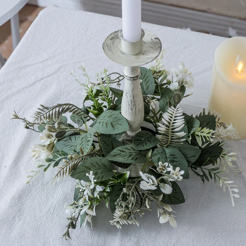 Wreath Candle Holder Ring Candlestick Artificial Green Plant Garland Candle Holder for Christmas Wedding Table Decoration