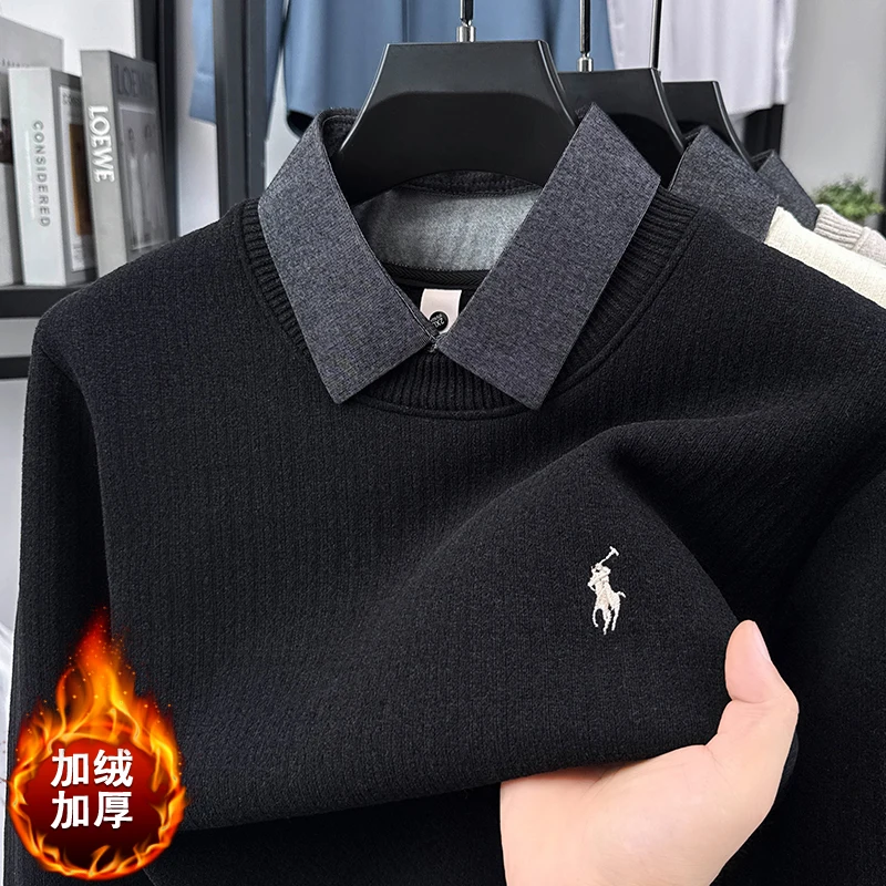 

New Fake Two Piece Knitted Shirt for Men in Winter with Thick Velvet, Collar Sweater, Men's High End Bottom Top, Trendy