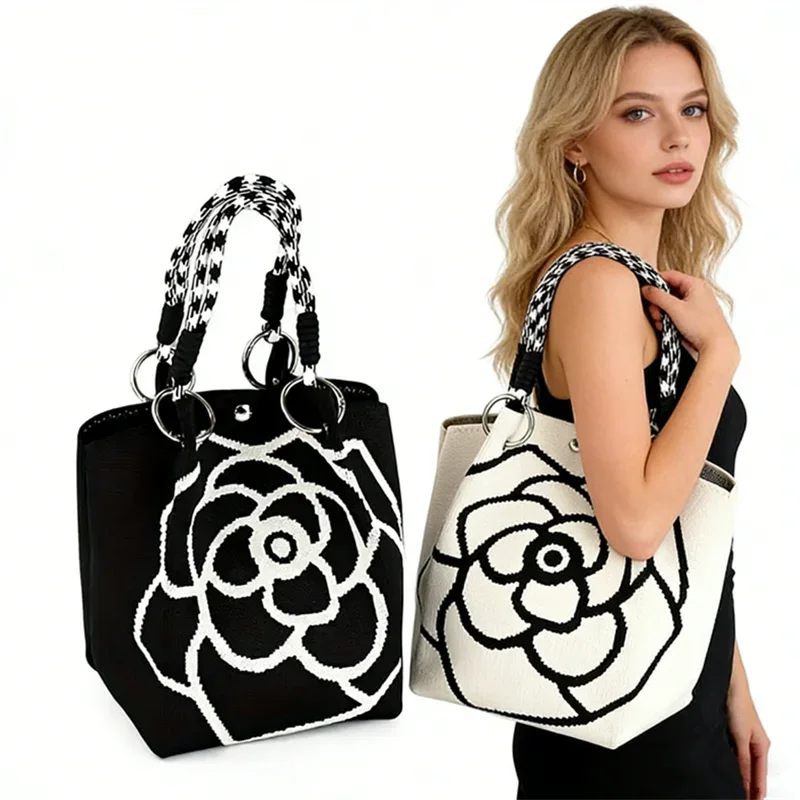 Chic Camellia Flower Knitted Tote Bags, Large Capacity Weave Handbag Shoulder Bags for Women Daily Use Perfect Fashion Companion