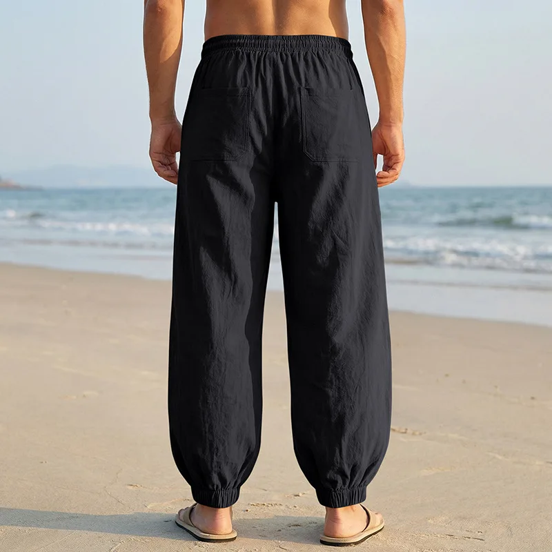 Europäische und amerikanische Freizeithose für Herren: Sommerliche Strand-Leinenhose in Übergröße mit Bündchen am Knöchel – Detail 27