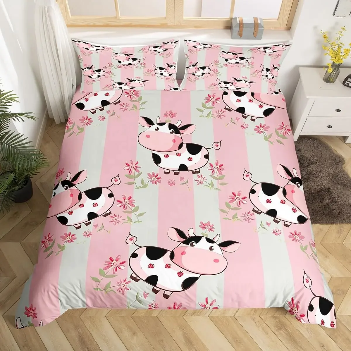 Cartoon Milk Cow Duvet Cover Full King Lovely Farm Animal Bedding Set Strawberry Flowers Print Comforter Cover Farmhouse Decor