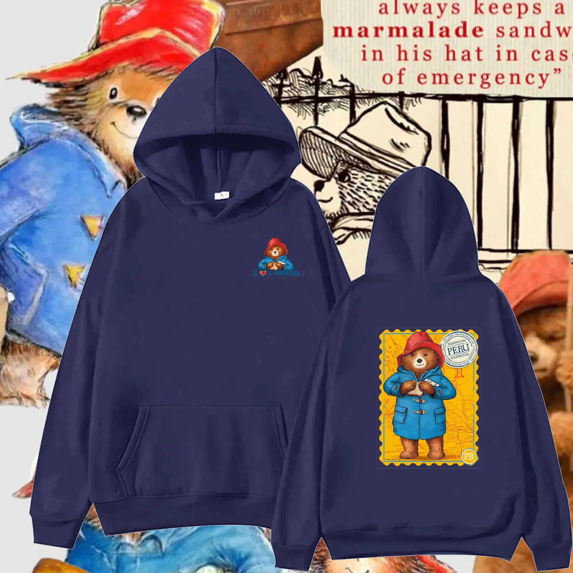 Funny Unisex Hoodie: Paddington Bear in London Cartoon Double-sided Printing 2025 Drop Shoulder Sweatshirt for Men Women Hoodies