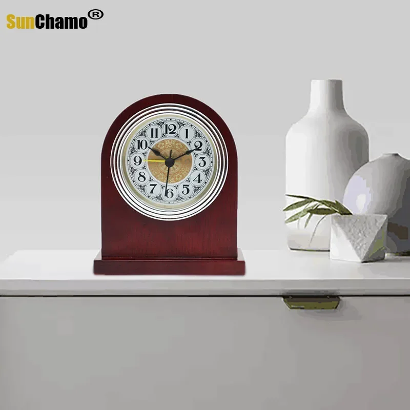Luxury Hotel Gold Frame Red Wood Alarm Clock Roman Numerals Silent Snooze Aluminum Dial Desktop Table Clocks Bedroom Decoration