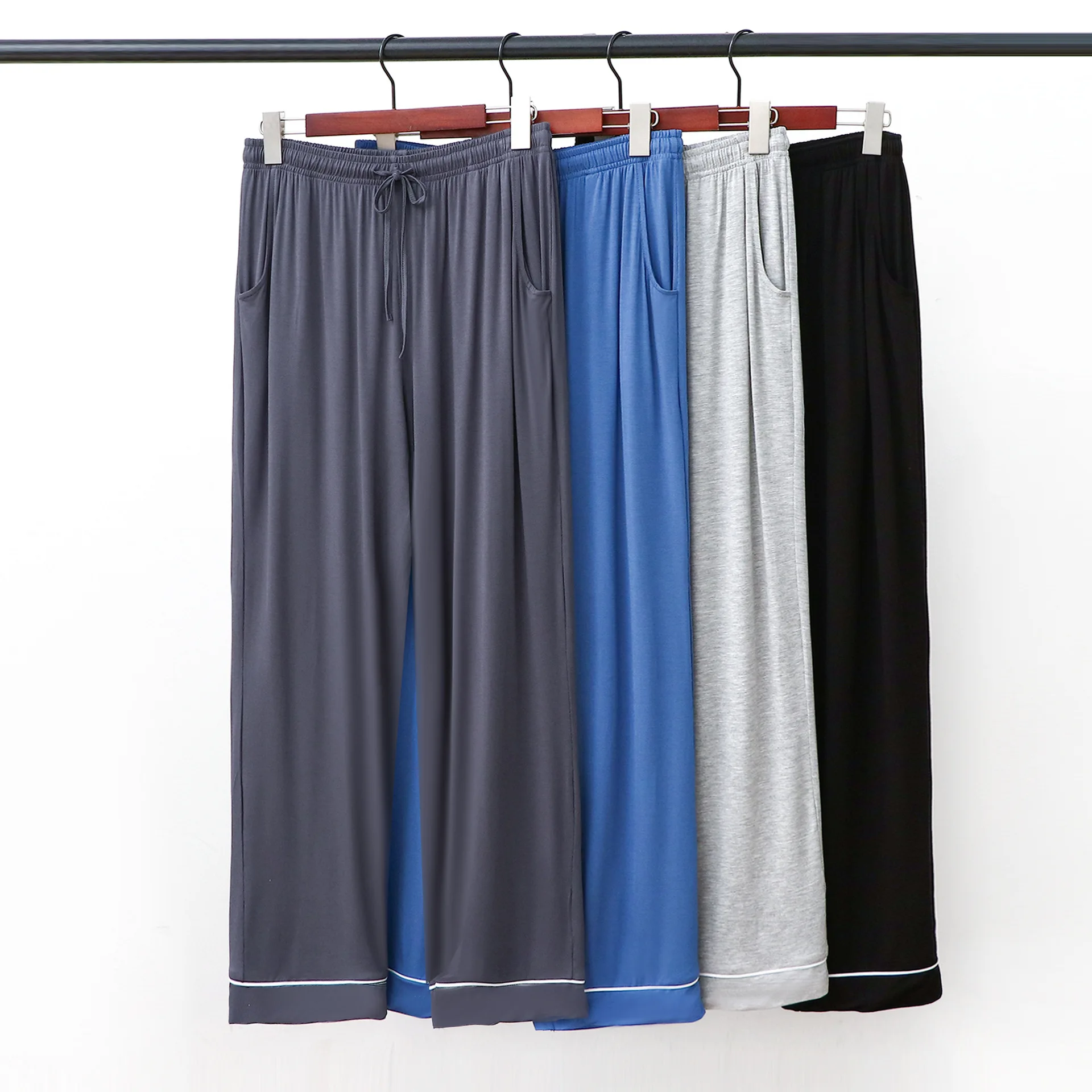 Pantalones de pijama largos de Modal para hombre, ropa de dormir azul, pantalones de salón suaves, ropa de dormir lisa, ropa de casa suelta, 3XL