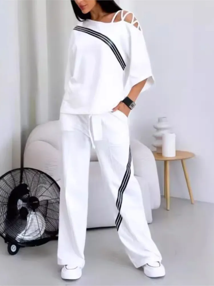 Set da due pezzi in cotone moda donna tuta sportiva bianca camicia ampia sexy con spalle scoperte + pantaloni casual abbigliamento sportivo tuta da donna 2 pezzi