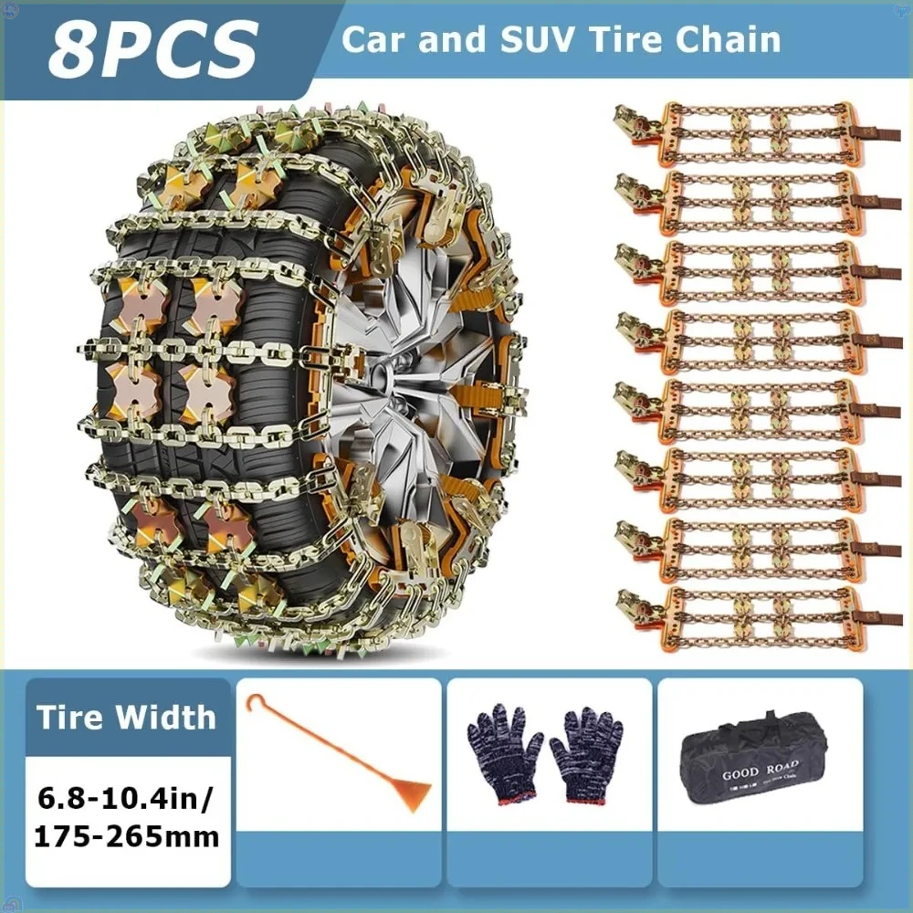

Tire Chains for Car/SUV/Pickup Trucks, Adjustable Universal Emergency Thickening Chains, Snow Chains Tire Width（175-265mm), 8Pcs