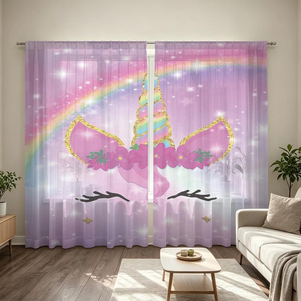 2Pcs Rainbow Glitter Floral Unicorn Rod Pocket Curtains Light Blocking Privacy Window Drapes For Living Room Bedroom Cute Fan