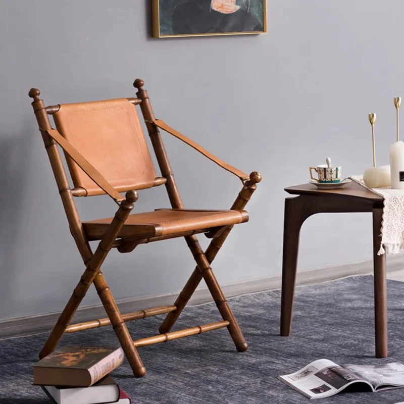 Folding leather balcony leisure chair solid wood desk chair