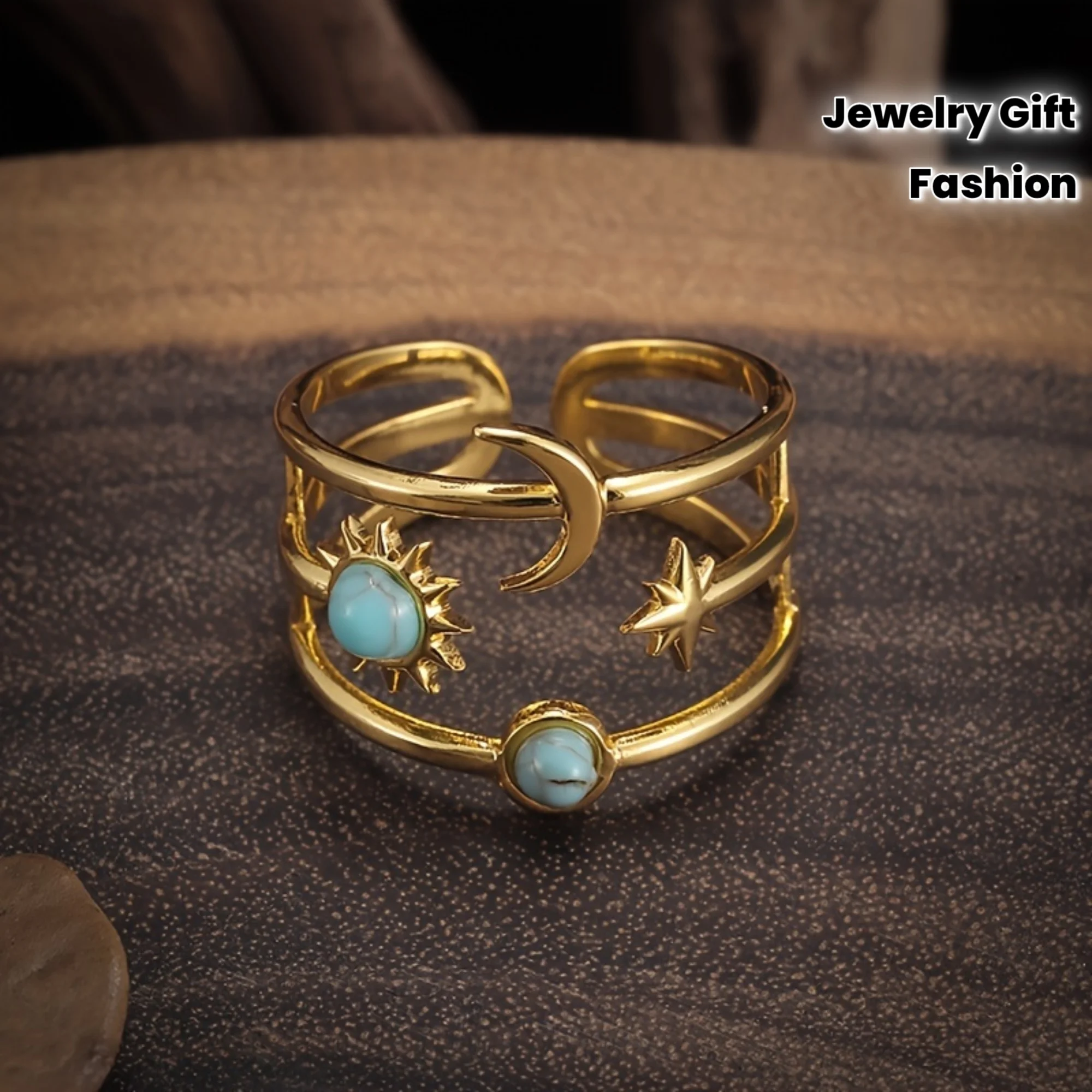 

Hot Selling1pc Stainless Steel Star Moon Sun Turquoise Inlaid Adjustable Open Ring Women Elegant Jewelry Gift