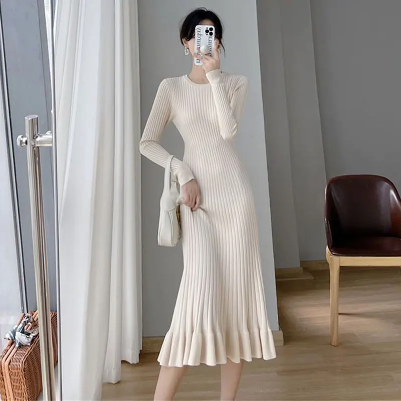 

Women O-Neck Long Sleeve A-line Skirt, Loose Midi Dress, Monochromatic, Temperament, Korean, Simplicity, Office Clothes, Autumn