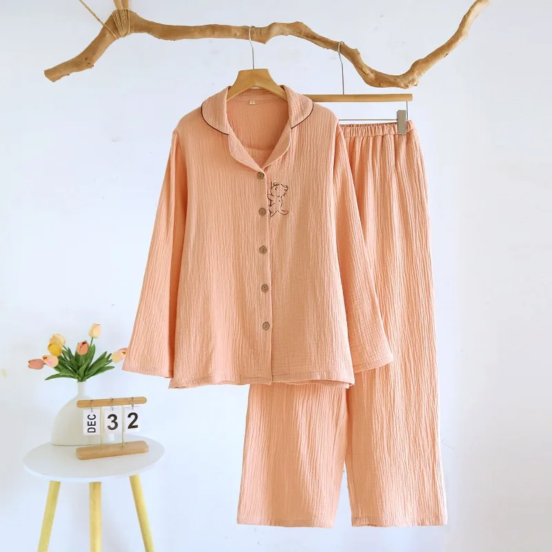 

2026 New Spring and Autumn Women's Pajama Set 100% Cotton Crepe Solid Color Cat Long Sleeve Sweet Home Clothes Two Piece Set