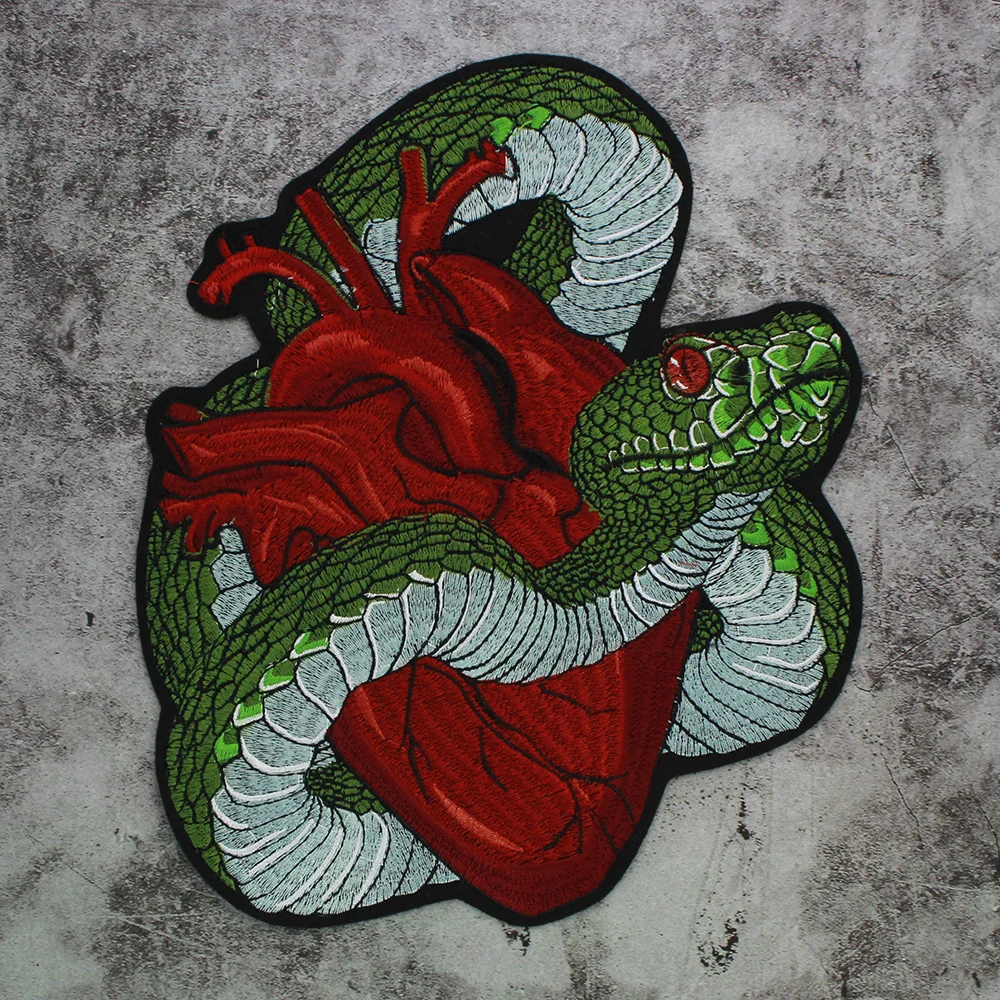 Large Snake around the Red heart Embroidered Patches for Jacket Clothing Stickers Badges  Applique Patch Iron on Patches