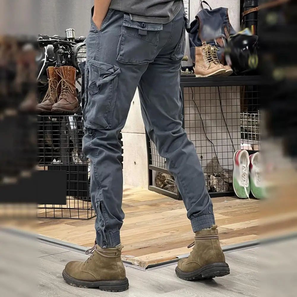 Spring Fall Men Cargo Pants Drawstring Waist Multi Pockets Ankle-banded Solid Sport Trousers Outdoor Training Exercise Trousers