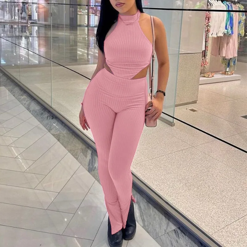 

BKLD Solid Color Halter Neck Sleeveless Crop Tops And Pants Two Piece Sets Clothes For Women New Fashionable Casual Suits