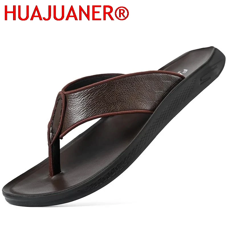 Casual Outdoor Men's Sandals Summer Anti-Slip Leather Thong Slippers Trendy New Model Top Layer Cowhide Men's Flip Flops