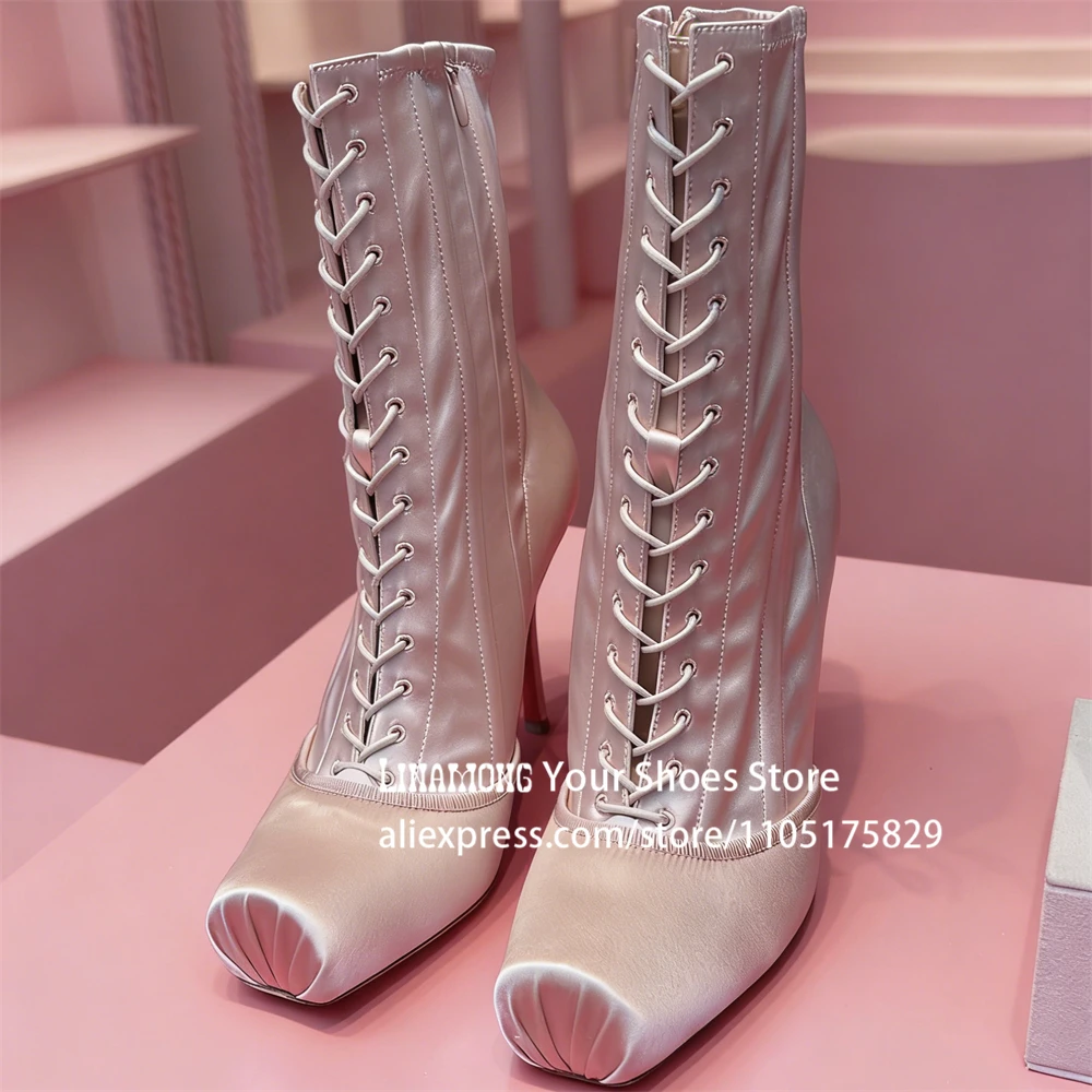 

Crepe Square Toe Booties Novelty Designer Ballerina Style Ankle Boots Elegant Women's Stiletto Boots Custom Satin Leather Boots