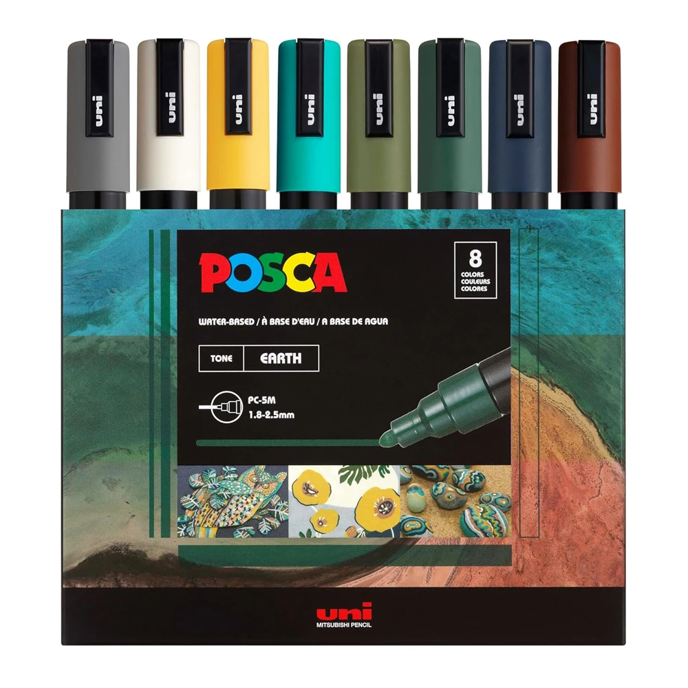 Posca Markers Set, 8 Medium Paint Markers Pens 5M-Warm/Earth/Mono/Cool Tones New Colors Style Uni Acrlic Painting Graffitti Art