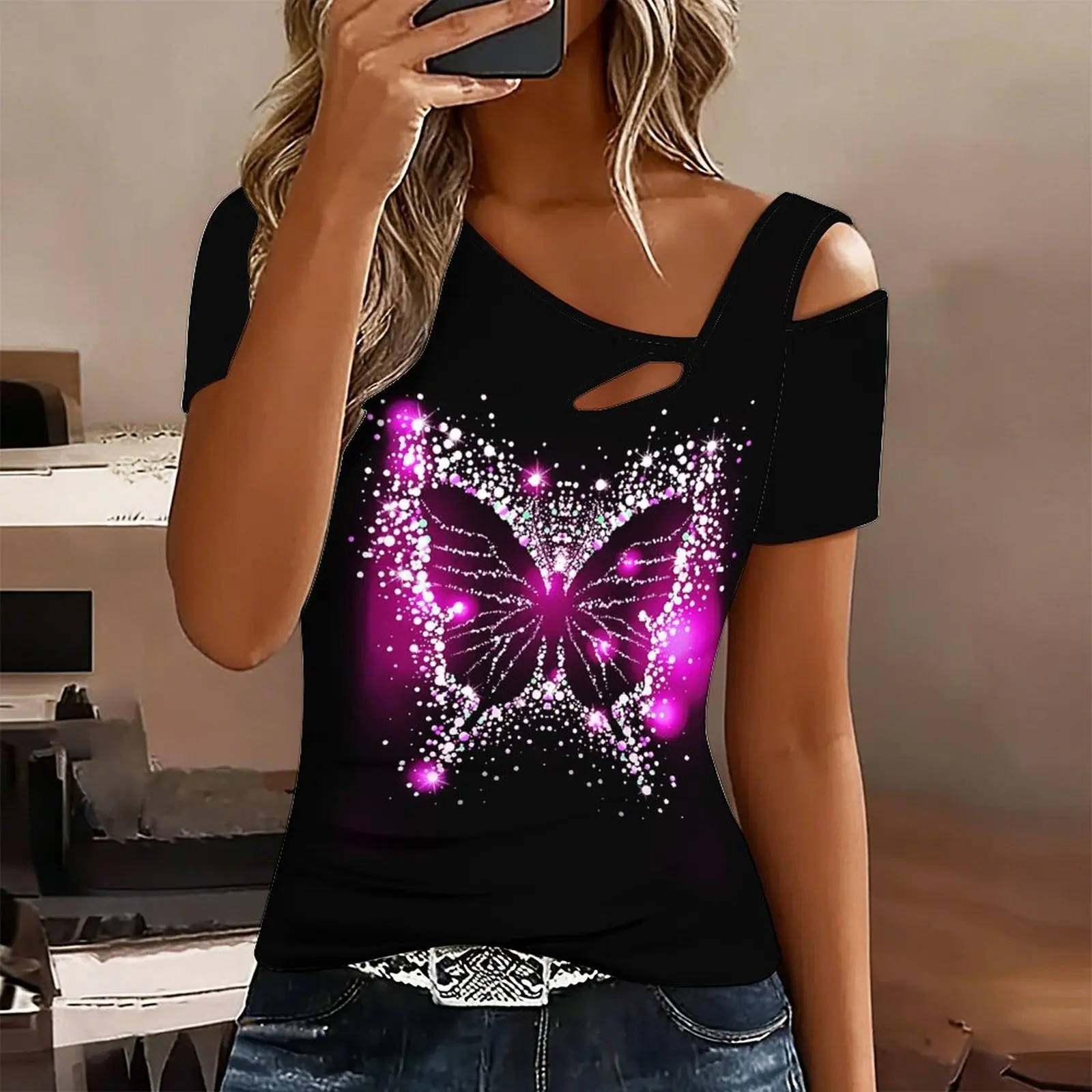 Off-Shoulder Collar Print T-Shirt  Women's Trendy Fashionable  Top Elegant Off-Shoulder Collar Clothes