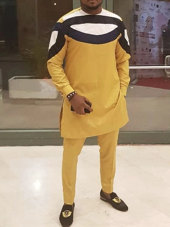 

Men's chic and casual yellow geometric print long sleeve two-piece set