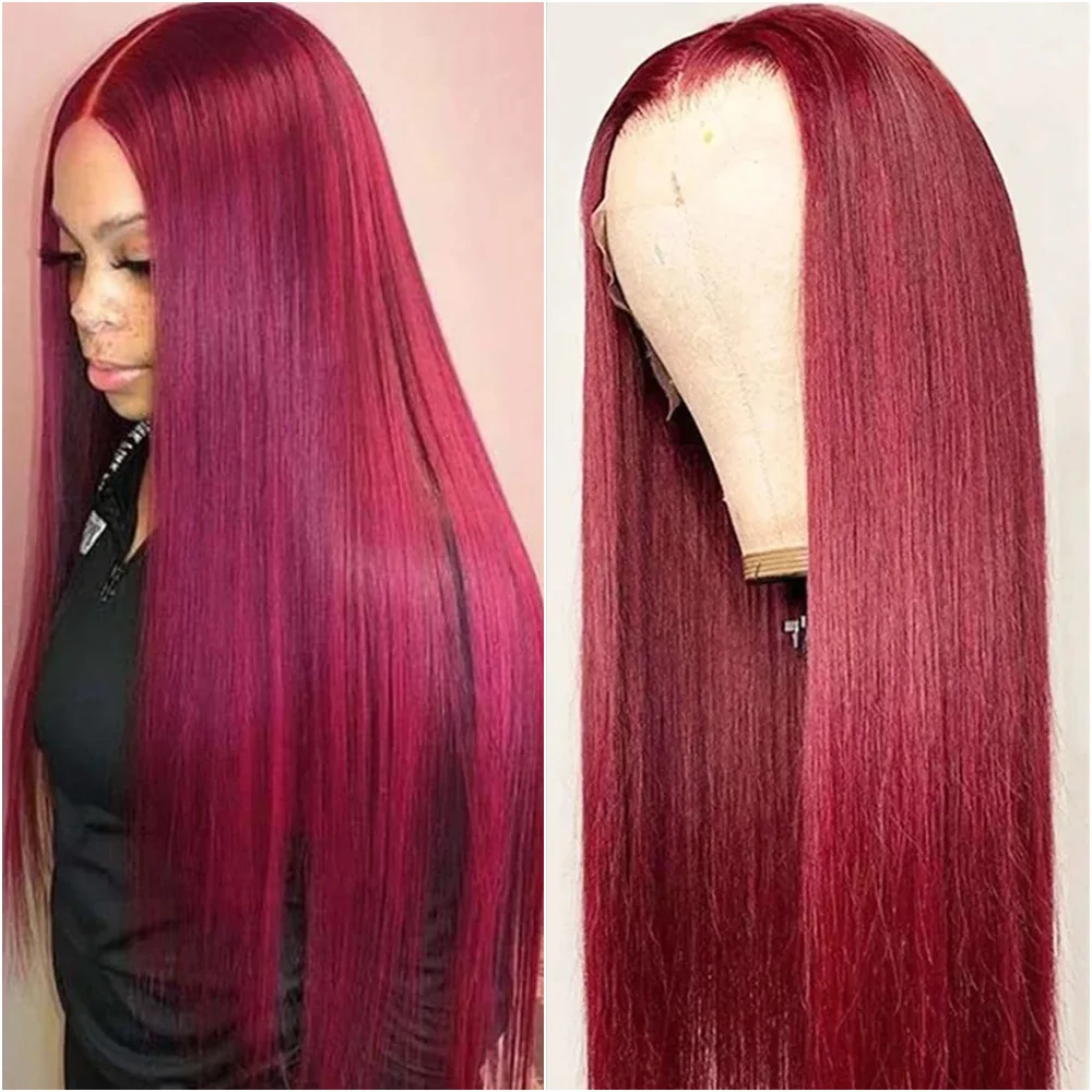 

Накладной парик из натуральных волос 13x6 HD Lace Frontal, прямой, бордовый, 40 дюймов, цвет 99J, с предварительно выщипанной линией роста волос, 13x4 Lace Front, для женщин