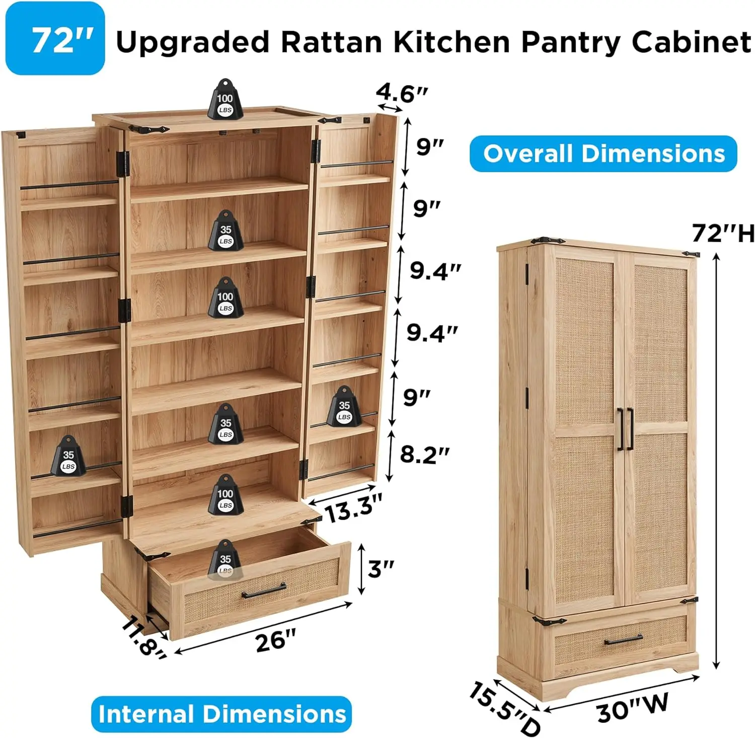 72"" Tall Rattan Kitchen Pantry Cabinet With Drawer, Boho Storage Cabinet With 2 Rattan Doors And Shelves, Versatile Large