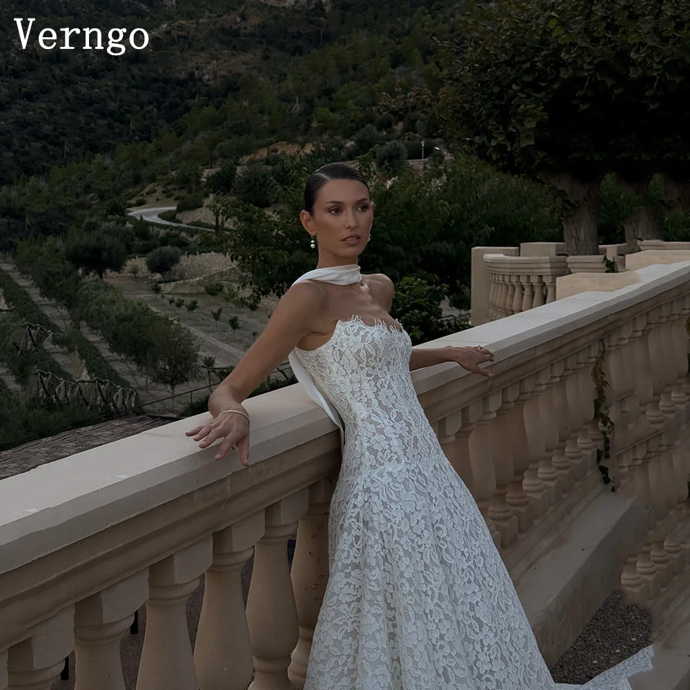 Verngo Spitze Elegantes Hochzeitskleid Trägerlos A-Linie Brautkleider Damen Sweap Zug Luxus Edle Brautkleider Maßgeschneidert