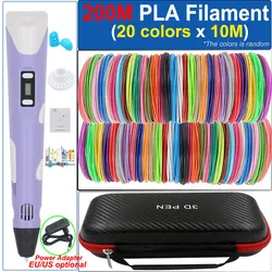 Desenho 3D infantil Caneta de Impressão com Tela LCD, Adaptador de Energia, 200m PLA Filamento, Brinquedo Infantil, Natal, Aniversário, Presente DIY