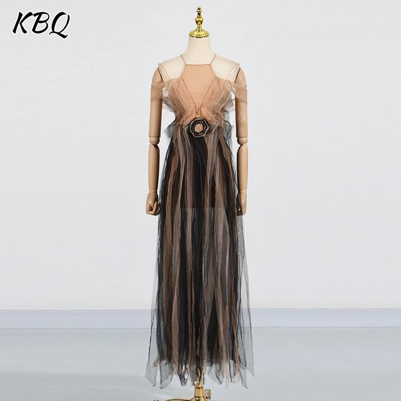 

KBQ Hit Color Spliced Ruffles Slimming Dresses For Women Round Neck Sleeveless Spliced Appliques Chic Dress Female Fashion New