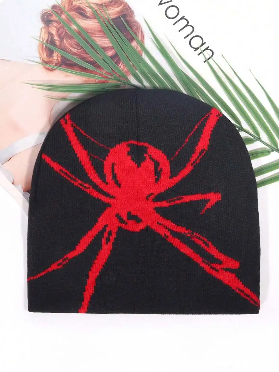 Warm Red Spider Jacquard Knit Beanie Hat