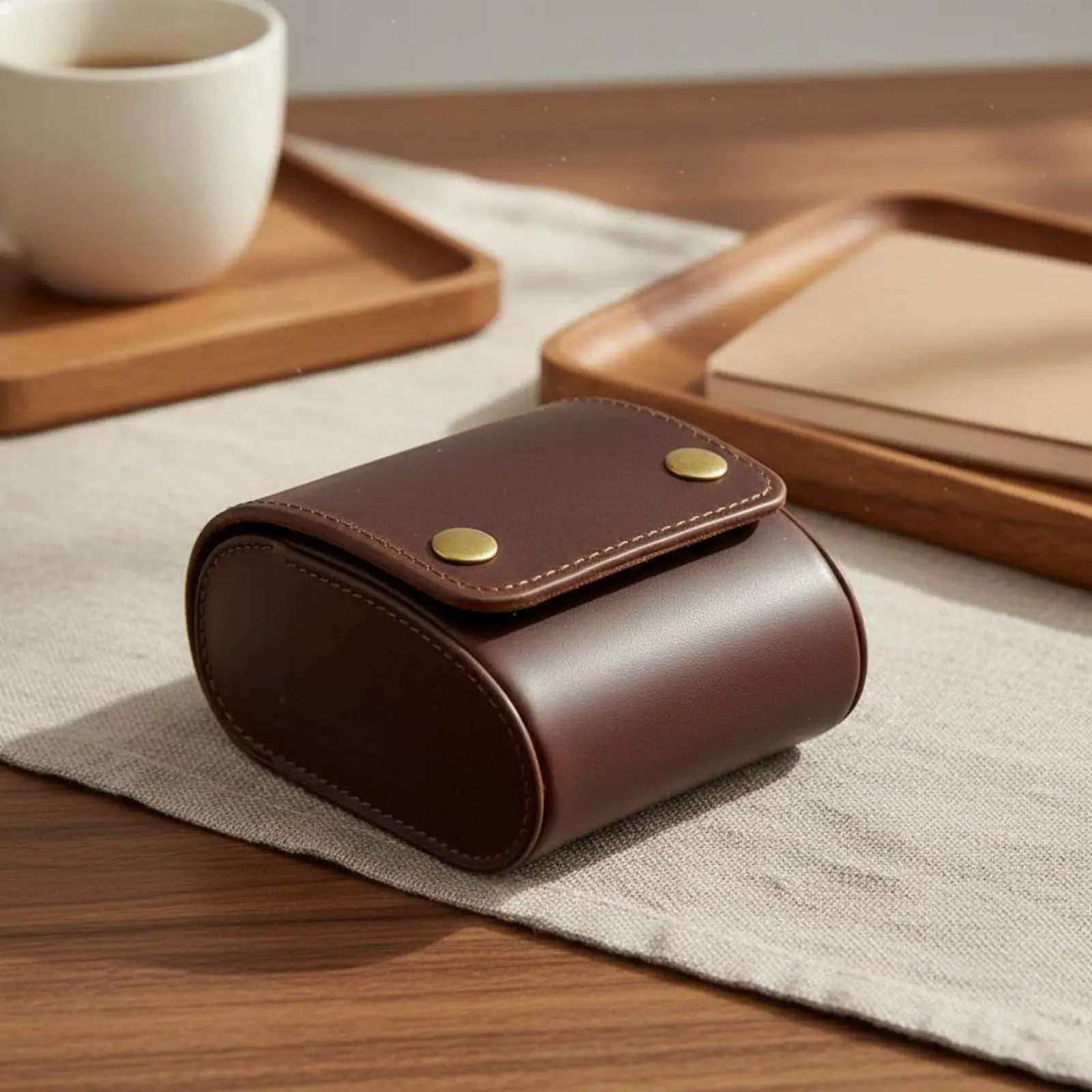 Vintage Watch Storage Box Snap Button Closure Oval Watch Holder Compact & Portable Personal Organizer for Journeyers, Men,