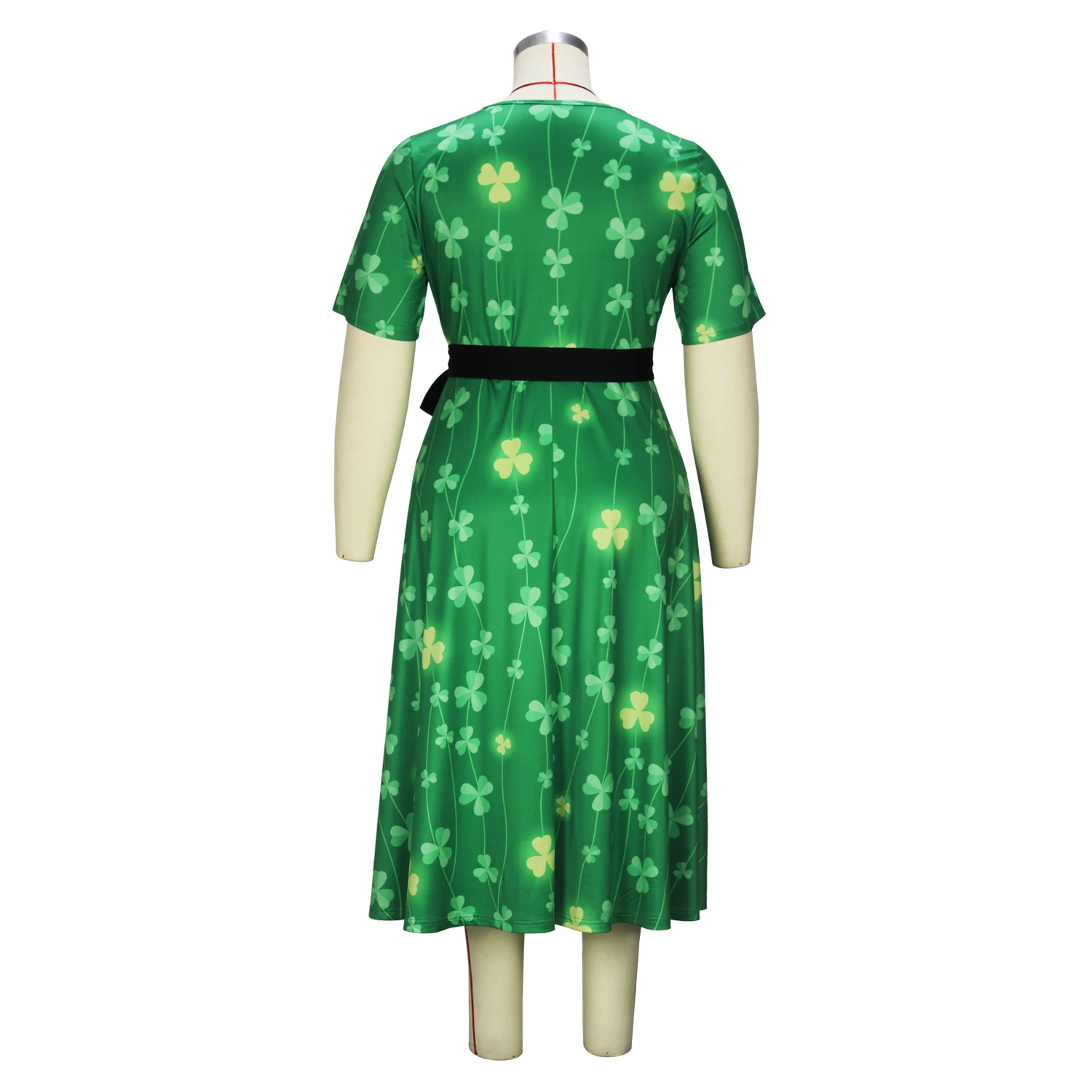 Plus Size Clover Print Belted Dress, Casual Crew Neck Short Sleeve Dress, Women's Plus Size Clothing