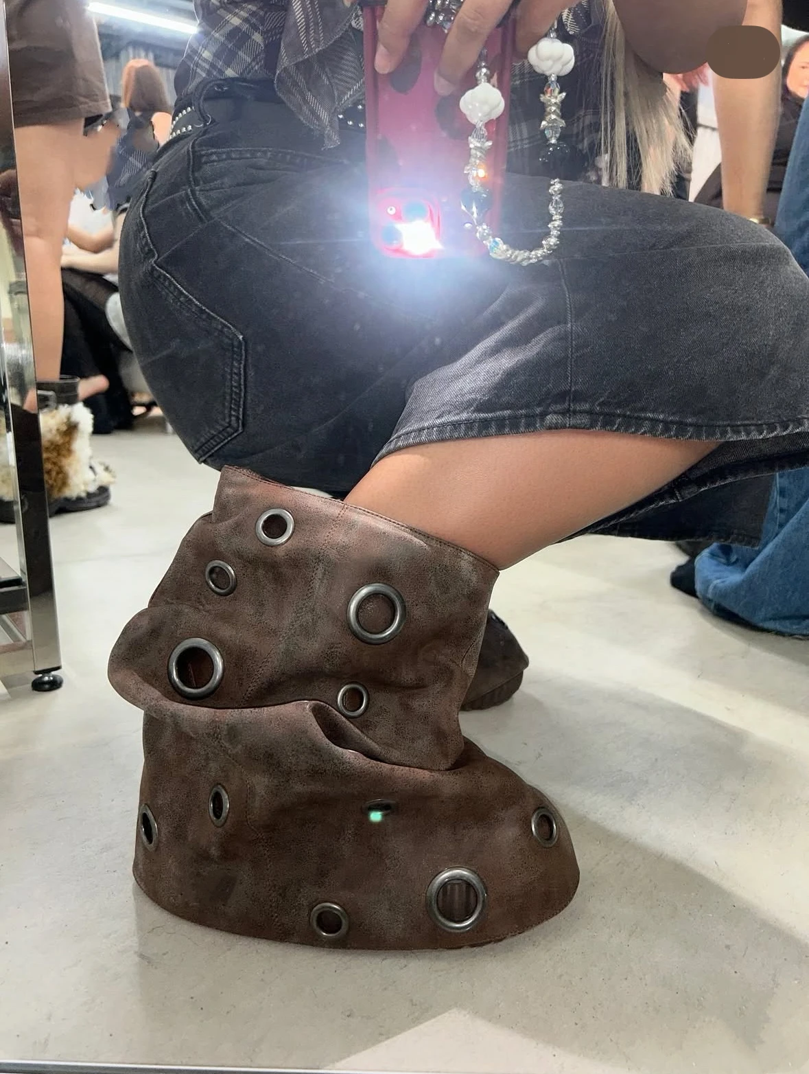 Autumn Winter New Women's Black/Brown Slouchy Ankle Boots Grommet Decor Ruched Design Platform Casual Comfortable Short Boots