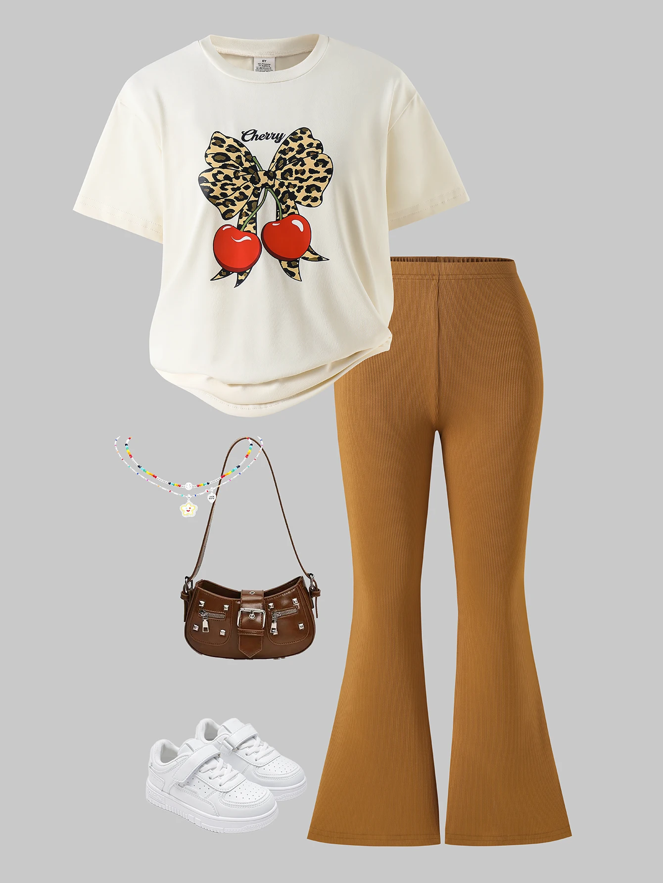 

Internet Celebrity Hot-Selling Girls' Y2K Street Style Two-Piece Set | Summer Leopard Print Bow Cherry Print T-Shirt & Ribbed Brown Flared Pants Set | Children's Fashionable Two-Piece Matching Set
