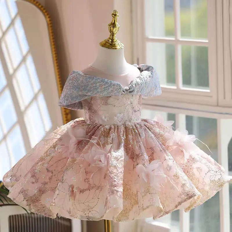 高級アラブフラワーガールドレス膝丈レース子供プリンセス誕生日結婚式パーティー子供休日イブニングドレス J539