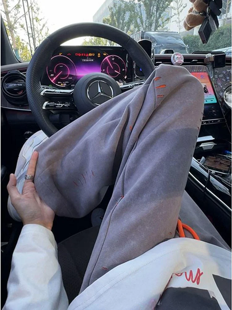 

Ripped Bend Knife Pants Men Women Heavy Design Cleanfit American High Street Straight Sports Pants Casual Straight Leg