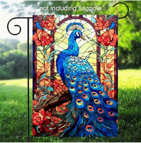 Stained Glass Style Peacock Durable Burlap Garden Flag,  12'x18