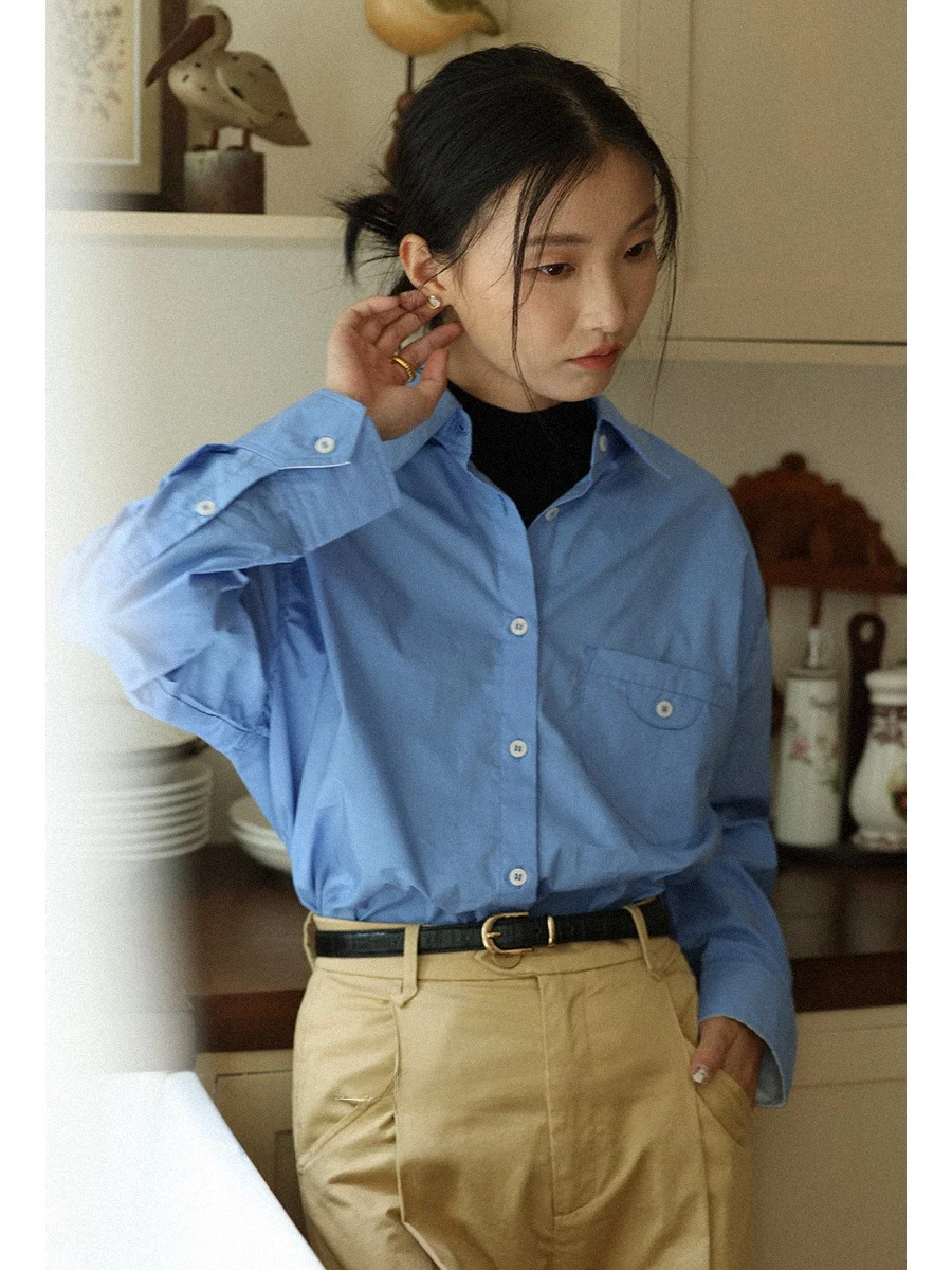 

Autumn 2023 Pure Cotton Long Sve Women's irt Unique Design ket Button up Loose Fit French Sle Casual Workwear