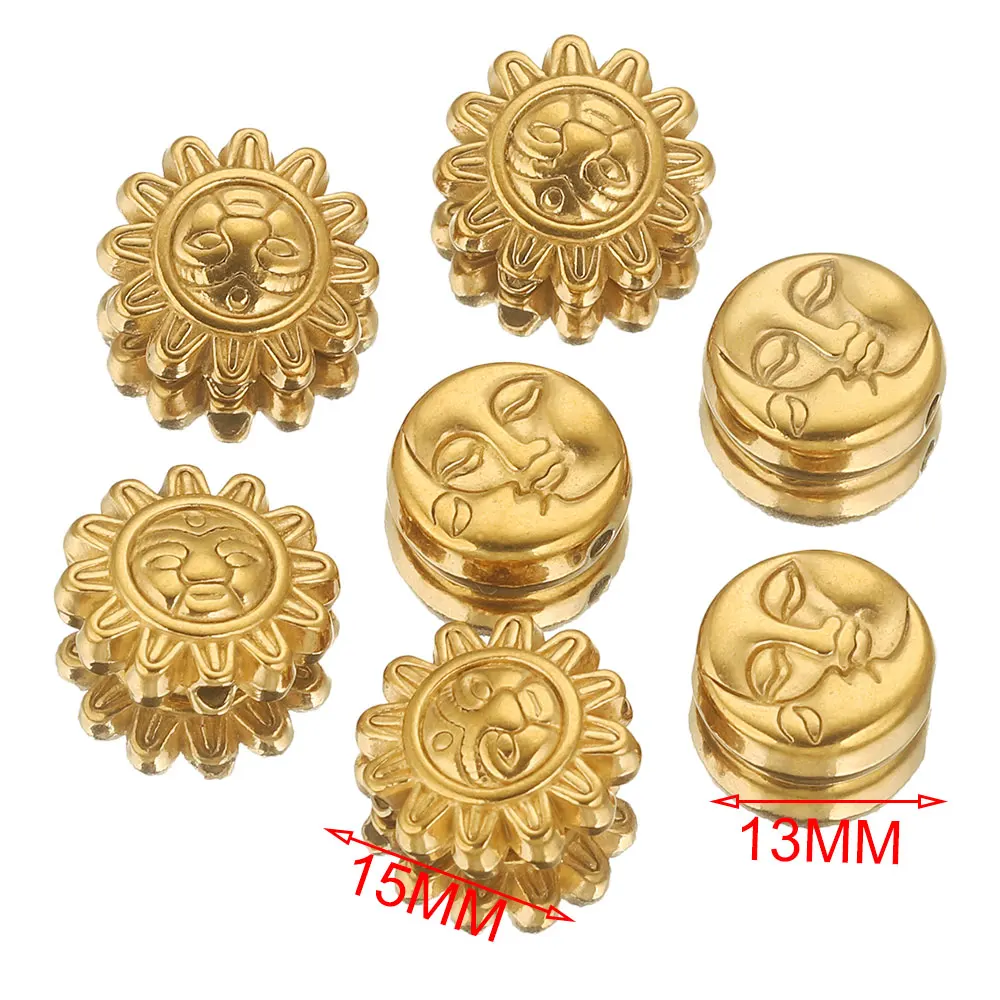 5PCS Stainless Steel 15MM Large Gold Plated Smiley Sun Moon Bead Spacer Metal Beads for Needlework Jewelry Making DIY Bulk