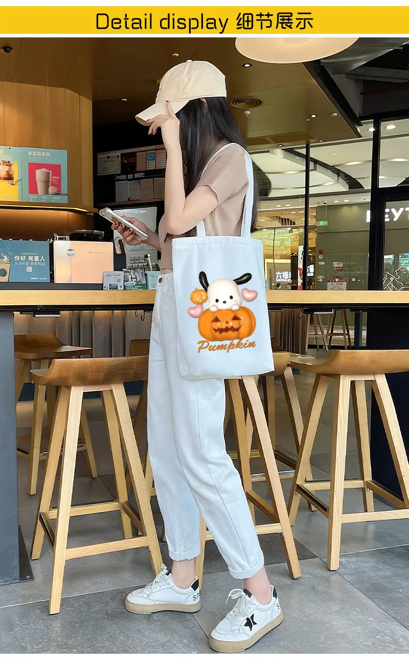 Sanrio Kuromi Cinnamoroll Cartoon Halloween Jack-o-lantern Cute Print Shoulder Bag Canvas Bag Large Capacity Girl Christmas Gift