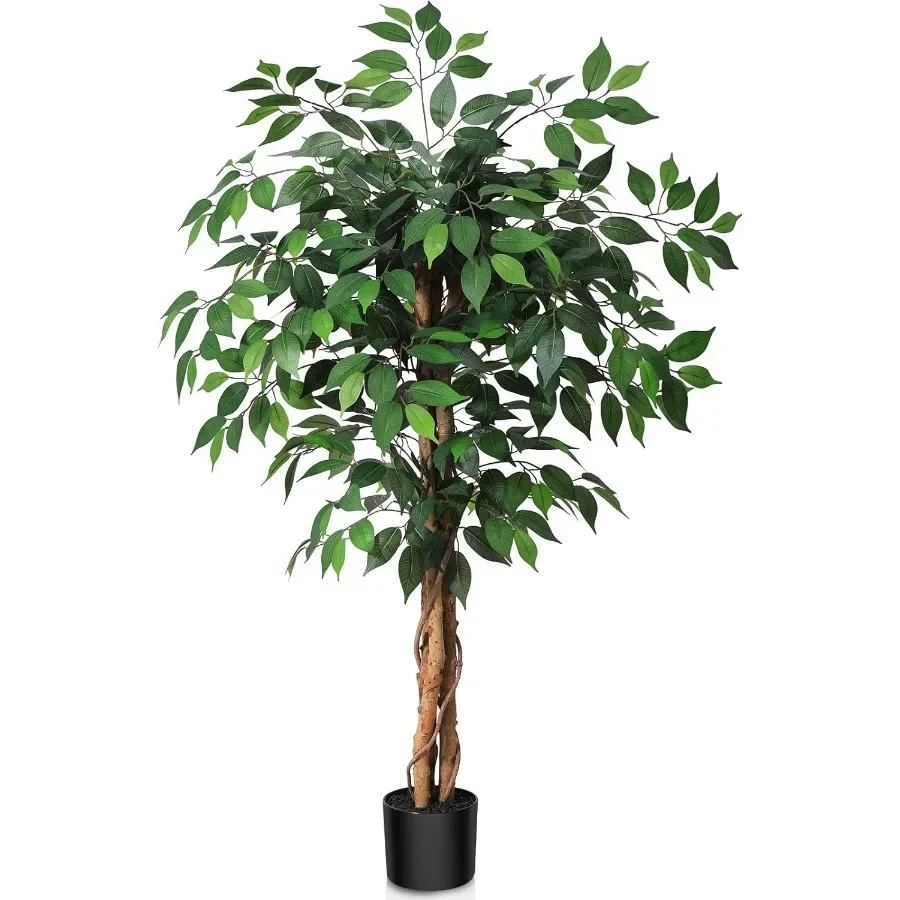 

4ft Artificial Ficus Tree with Natural Wood Trunk Silk Fake Ficus Tree in Plastic Nursery Pot Faux Plant for Office Home Indoor