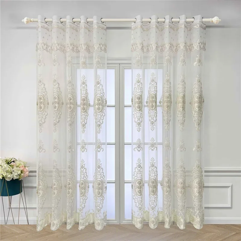 

French Pearl Rope Embroidered Sheer Voile European Atmospheric Embossed Tulle Curtain With Lace Valance For Living Room Bedroom