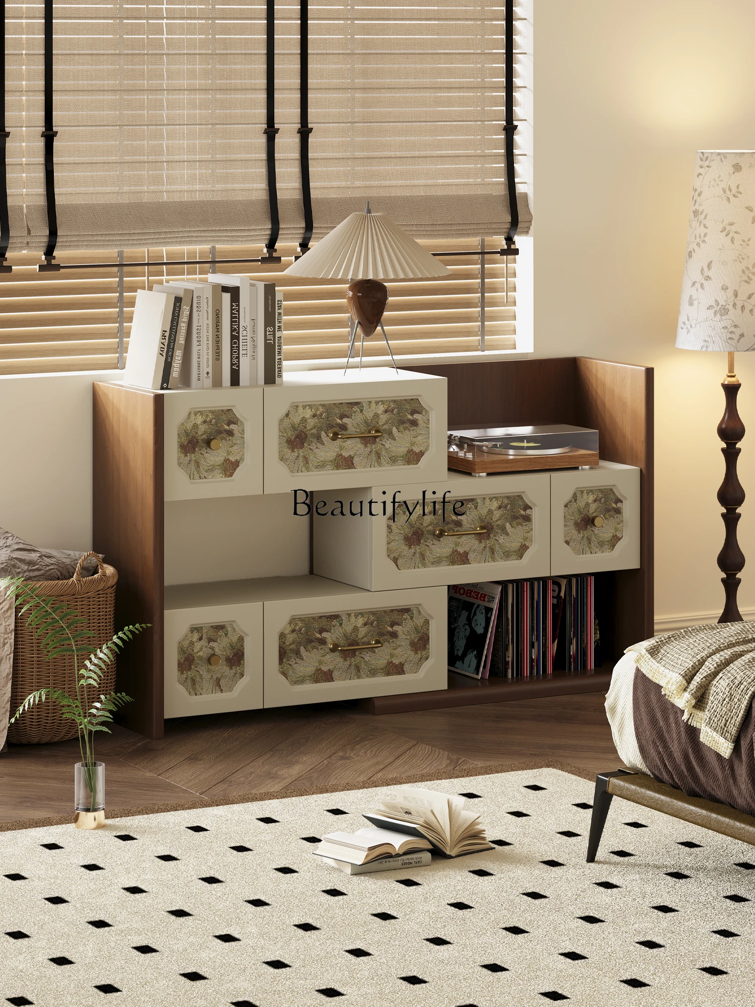 

Solid wood retro pattern chest, living room, bedroom wall storage, multi-functional telescopic cabinet