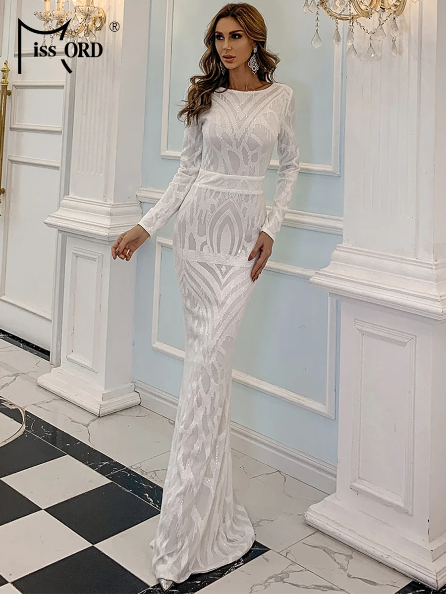 

Missord New Church Dress Round Neck Long Sleeved Sequin Mermaid Evening Gown Cocktail Wedding Birthday Party Graduation Dresses