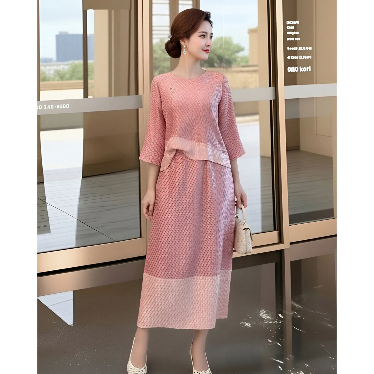 

Miyake White Yellow Color Block Women'sTwo-piece Set Three-quarter Sleeves Texture Top + Pleated Skirt 2026 Spring New 2DB7118