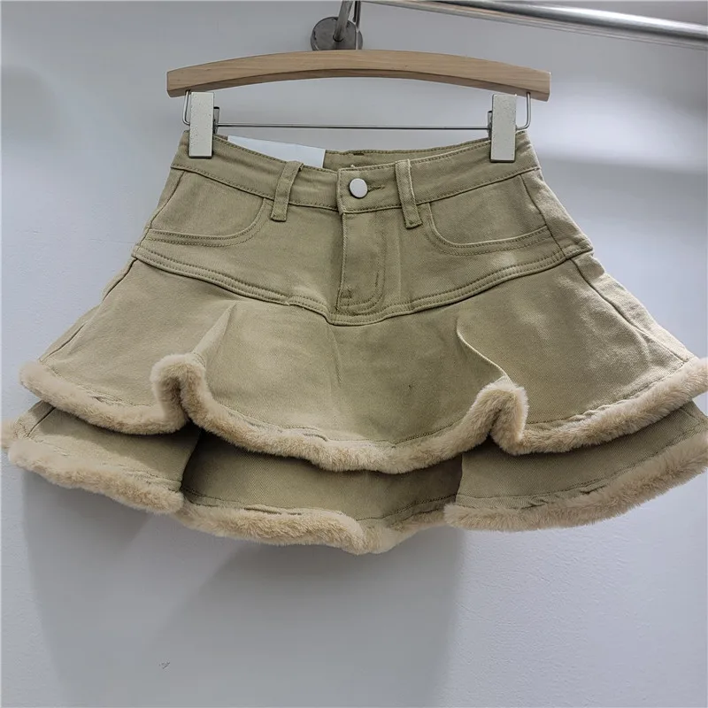 2025 American Retro Denim Pleated Skirt for Women's Autumn New Collection Spliced with Fluffy Fur Pants Skirt Female Clothing