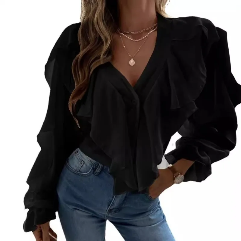 New Arrivals Temperament Design Sense Spring Summer Women\'s Clothing Solid Color V-neck Flounce Top Shirt Long Sleeve